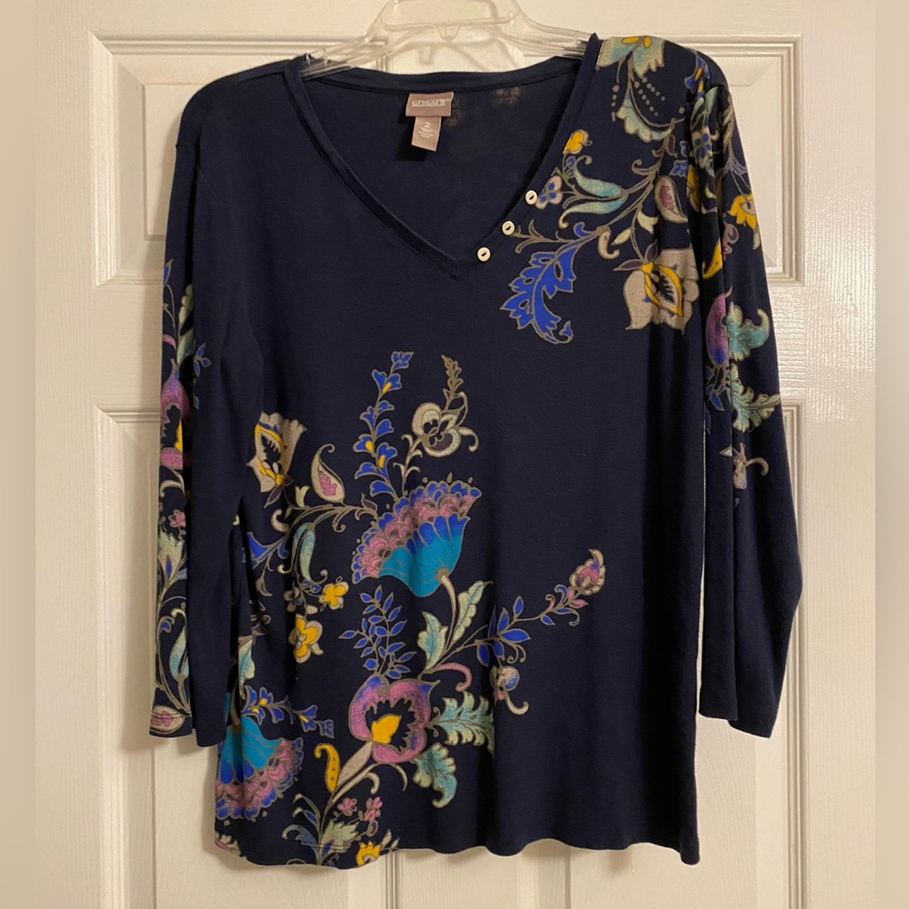 Chico's Blue Floral 3/4 Sleeve Cotton Top Size 2 Large